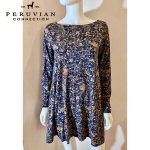 Peruvian Connection Navy Floral Tunic knit Dress, size M
